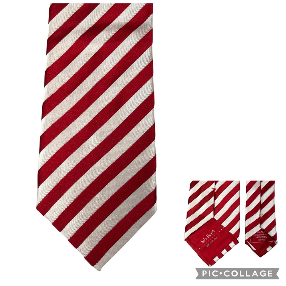 Italo Ferretti Men's Red White Diagonal‎ Striped Silk Tie Italy Silvi Marina